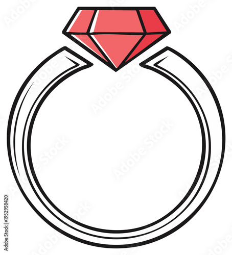 Cartoon drawing of a diamond ring with a red gemstone, isolated