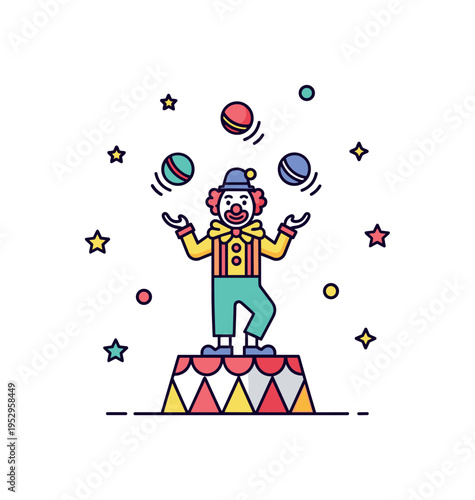 Circus performance scene showing a clown juggling three colorful balls symbolizing skill, balance, and stage entertainment. The cohesive badge layout conveys