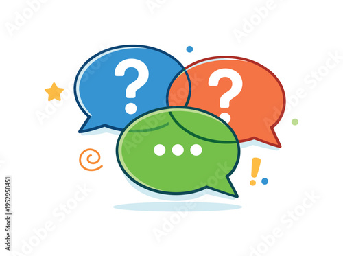 Digital watercooler awkwardness represented by overlapping speech bubbles with question marks and ellipses, expressing uncertainty, overthinking and social