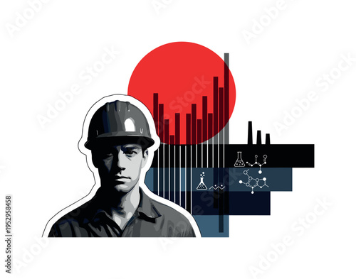 Retro black and white portrait of astronomer writing notes beside telescope, large green rectangular block anchoring lower frame as data foundation, thin red