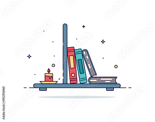 Dusty old bookshelf corner concept represented by slightly tilted books and a tiny candle on a shelf, expressing mystery and vintage ambiance. Soft decorative