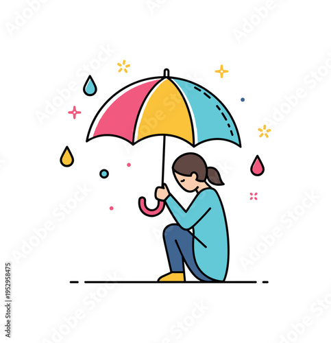 Lonely figure under a large umbrella with gentle raindrop accents around but not overwhelming the scene. The mood expresses vulnerability balanced with quiet