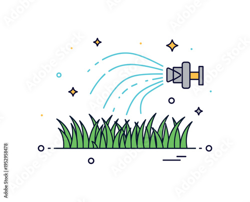 Lawn watering routine shown as a bright green grass strip with a sprinkler spraying gentle curved water lines, symbolizing freshness and summer garden care.