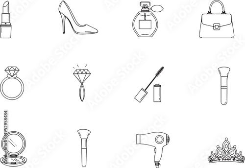 Beauty and cosmetics line icon set with lipstick, makeup brush, nail polish, hair dryer, earrings, ring, and fashion accessories vector illustration