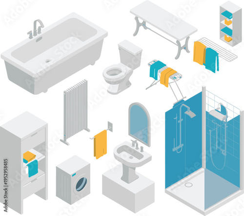 Isometric bathroom interior vector set, sanitary ware furniture collection, shower bathtub toilet sink appliances modern home illustration