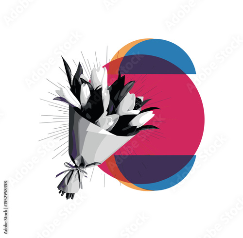 Black and white bouquet wrapped in paper with petals expanding outward, large deep pink circular disc behind intersected by warm blue semicircles representing