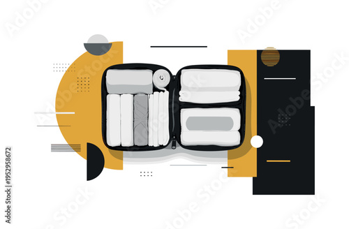 monochrome open first aid kit revealing bandages and gauze, oversized and centered, overlapping mustard yellow semicircle and deep black rectangular forms,