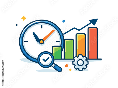 Employee productivity analytics conveyed by a clock integrated with data bars, highlighting time management and efficiency tracking. The illustration supports