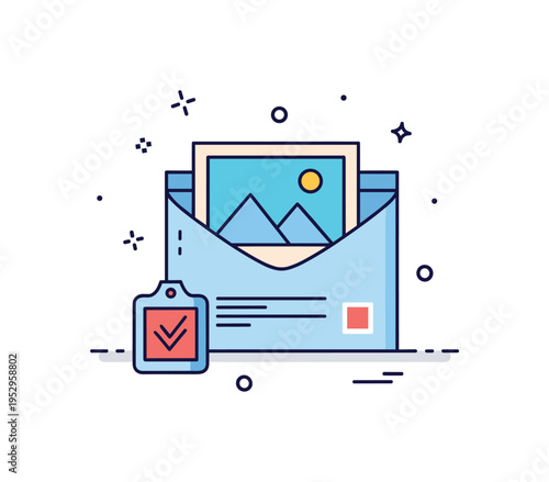 Archival photo preservation illustration featuring a vintage photograph partially tucked into a protective sleeve representing safeguarding