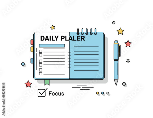 Daily planner and pen arranged in a tidy composition expressing organization and productive mindset. A small check mark and short word Focus