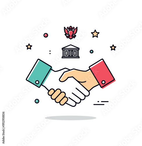 Diplomatic power and negotiation theme featuring two minimal handshake silhouettes beneath a small institutional symbol, expressing alliance and geopolitical