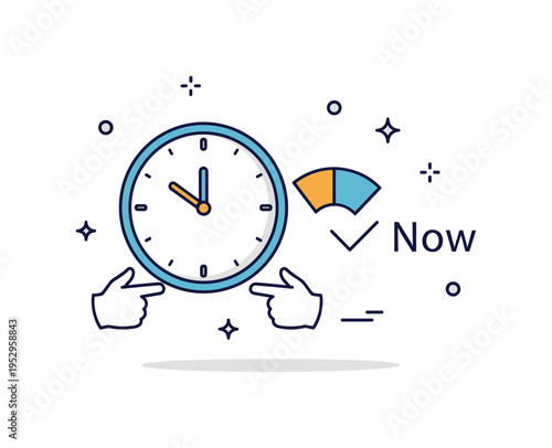 Time milestone badge illustrated with clock hands pointing to a marked segment labeled Now, symbolizing presence and important moments. The clean balanced