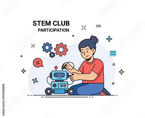 STEM club participation student assembling a simple robot with gear icons and math symbols floating nearby, representing hands on learning that enhances