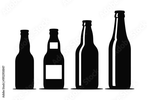beer bottle vector icon set, beverage glass bottle symbols, alcohol drink icons collection, brewery and bar concept, minimal clean silhouette and outline design.