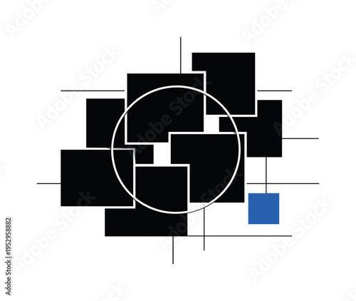 Black and white composition of bold black squares layered in staggered alignment, crisp white cut-out edges around select shapes, large hollow circle