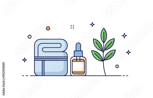 Holistic skincare ritual compact scene of a towel, small serum bottle and leaf branch arranged neatly, conveying calm, balance and plant powered