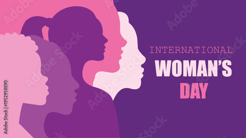 International womens day poster with purple and pink silhouette profiles	