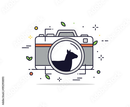 Wildlife photography focus illustrated by a camera lens framing a minimal animal silhouette with tiny leaf accents around it. A compact visual metaphor for