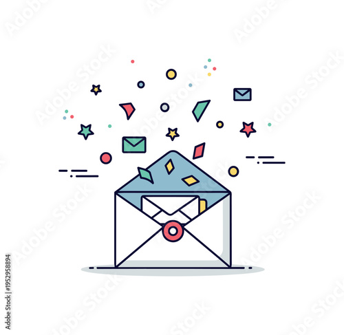 Holiday greeting concept centered on a stylized envelope opening with colorful confetti shapes emerging, symbolizing shared messages and festive connection.