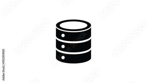 Black and white icon of a cylindrical database storage unit with three circular bands
