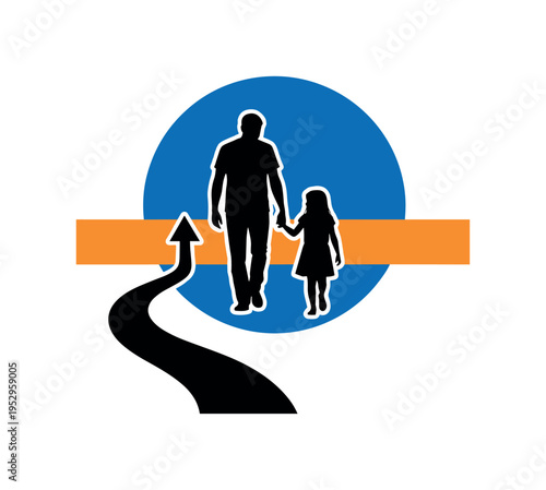 Black and white silhouettes of parent and child walking together, vibrant cobalt blue circle centered behind them, bold warm orange rectangular stripe dividing