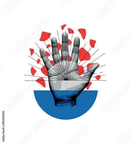 front-facing monochrome palm with visible lifelines enlarged, surrounded by bold blue semicircle and red flat shapes, thin radiating lines mapping possible