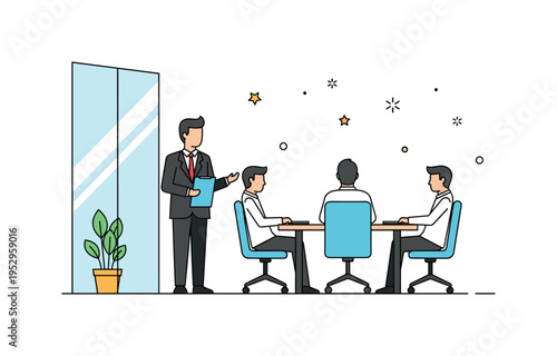 Modern office meeting composed businessman in tailored attire positioned near a minimalist glass wall and compact meeting table, expressing calm authority and