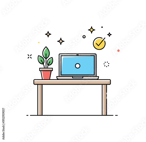 Workday reset illustrated by a desk with a closed laptop and a small plant beside it, highlighting a conscious pause between tasks. A floating checkmark and
