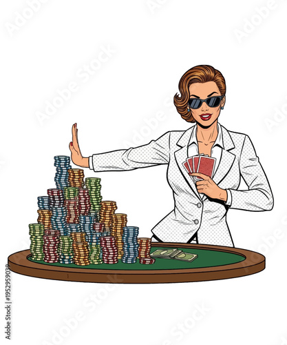 elegant woman winning at poker with casino chips stack vector illustration