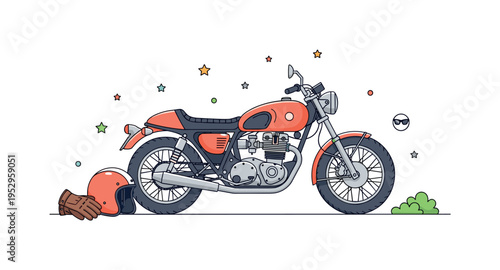 Vintage motorcycle lifestyle capturing a classic cafe racer parked beside a helmet and leather gloves, expressing freedom, individuality, and timeless road