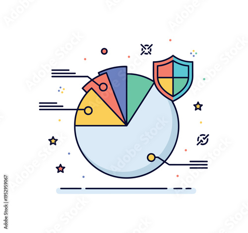 Stock market trading portfolio diversification theme illustrated by a pie chart divided into colorful segments with a subtle shield icon overlay. The