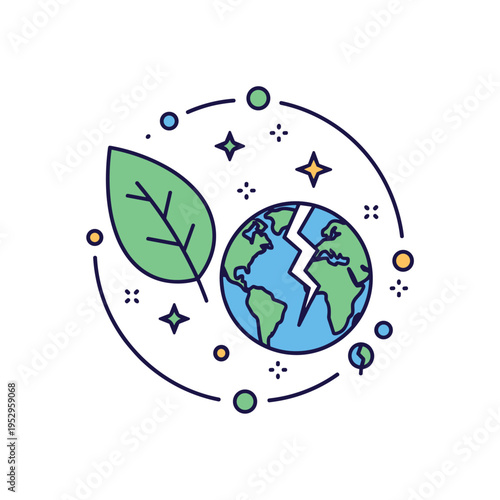 Rainforest loss awareness badge combining a leaf and a cracked earth symbol in a balanced circular layout. The scene conveys urgency and the need for