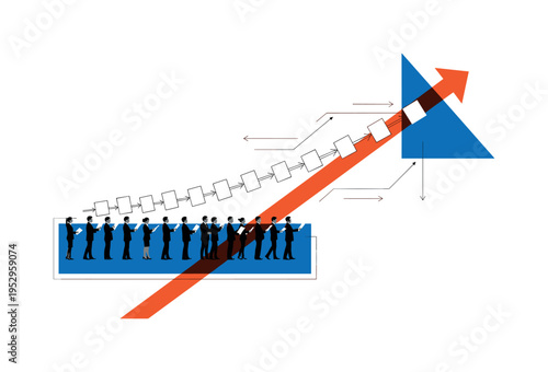 Black and white team standing in a straight line, each silhouette slightly different in posture and expression, bright blue horizontal bar crossing through