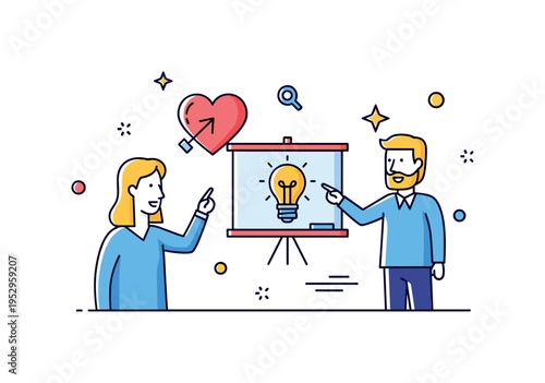 Personal development workshop scene showing a speaker pointing to a heart and lightbulb icon on a small board representing mindset and self growth. The