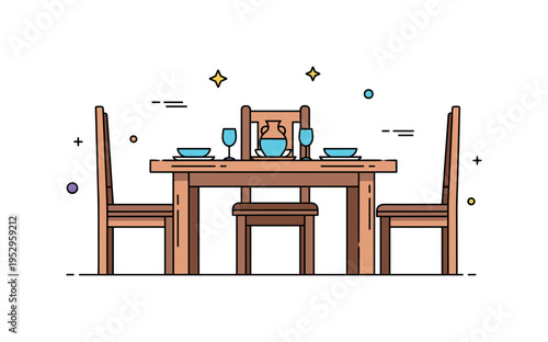 Antique wooden dining table setting illustrated by a solid plank table with high back chairs and a simple ceramic vase centerpiece, symbolizing traditional