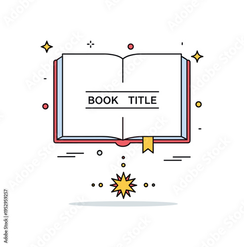 Book chapter divider simple open book with a centered title line and decorative star icon beneath, conveying organization and clear content
