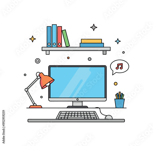 Minimal studio setup clean workspace with monitor, keyboard, and compact shelf above, symbolizing organized thinking and distraction free productivity.