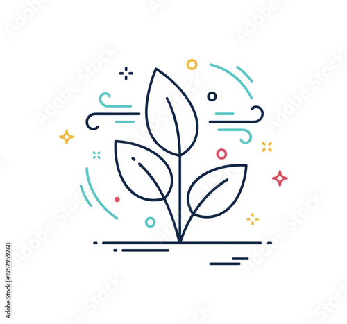 Air purifying plants theme represented by a leafy plant silhouette with subtle curved air flow lines around it, expressing fresh indoor atmosphere