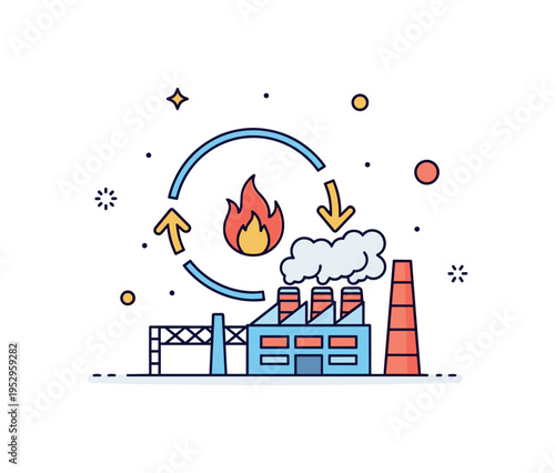 Heat recovery systems in mining illustrated by a processing plant icon with circular arrows around a small flame symbol, representing reuse of excess thermal