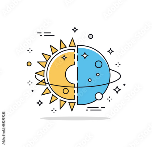 Cosmic synergy abstract sun and planet shapes merging into a single luminous form with subtle sparkle details, symbolizing unity of celestial forces and