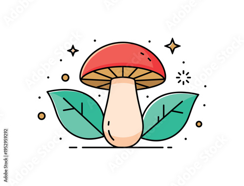 Nature illustration badge featuring a bold mushroom silhouette framed by two curved leaves, symbolizing forest biodiversity and organic beauty. The clean