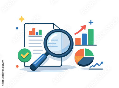 Professional auditor inspection conveying diligence and analytical confidence. A confident visual metaphor built from a clean report document, magnifier and