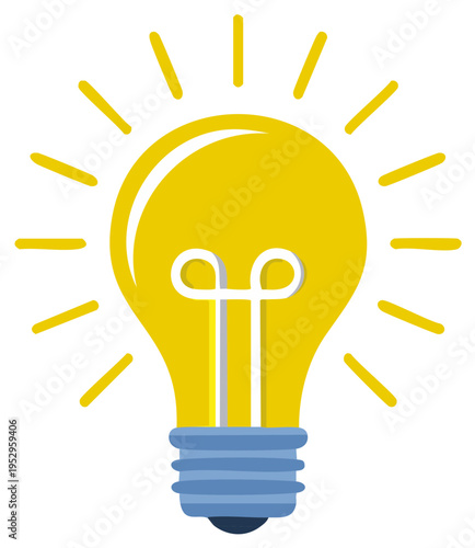 Bright idea symbol, glowing light bulb with radiating beams, innovation concept