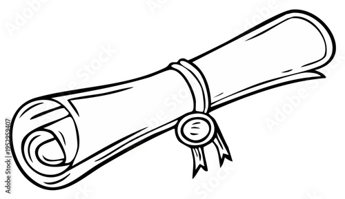 Rolled diploma with ribbon and seal in simple black and white line art style