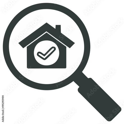 Home Inspection Icon: Magnifying Glass over House with Checkmark. Real Estate Approved Symbol.