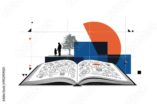black and white open illustrated book enlarged in foreground with parent and child small in background, layered with burnt orange semicircle and deep blue