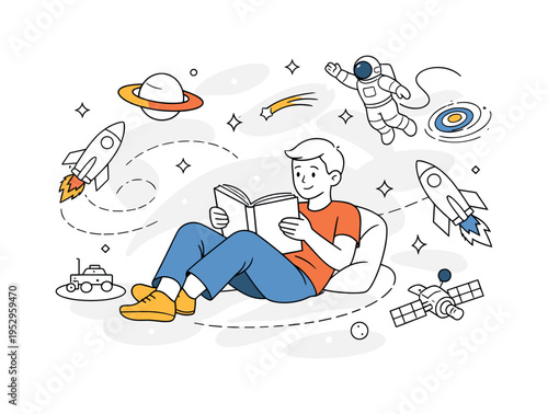 Space Stories. Reader sitting comfortably while rockets, astronauts, and galaxies orbit around the book. Feeling of escape, curiosity, and cosmic adventure.