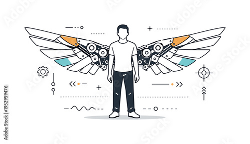 Mechanical wings concept. A person standing calmly with unfolded mechanical wings, precise geometry and balanced symmetry, sense of innovation and quiet power.