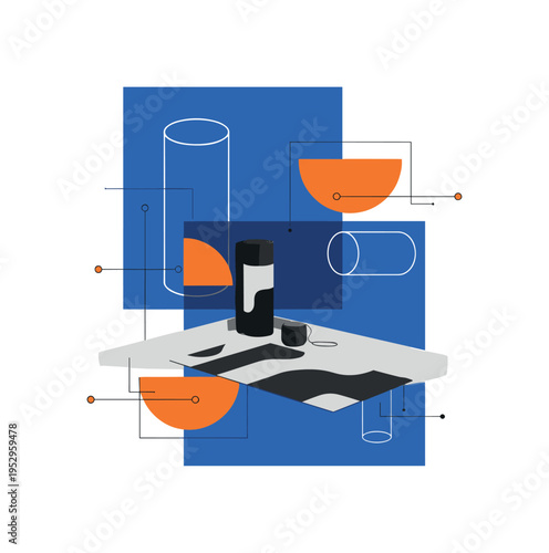 Black and white yoga mat and smart speaker placed in minimal home gym corner, bold cobalt blue backdrop shape with intersecting orange semicircles, abstract