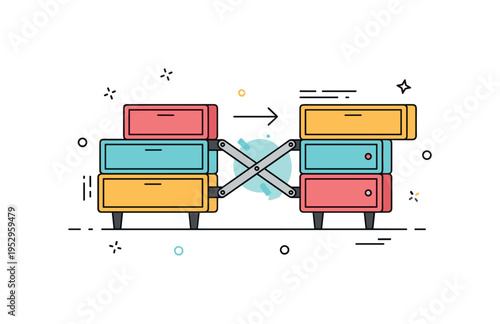 Expandable storage system illustration built around interlocking rectangular modules with a subtle arrow suggesting rearrangement, conveying scalability,